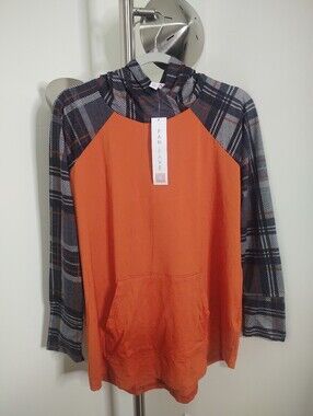 LuLaRoe Fan Fave Orange Hoodie with Black & Gray Plaid Sleeves Unicorns